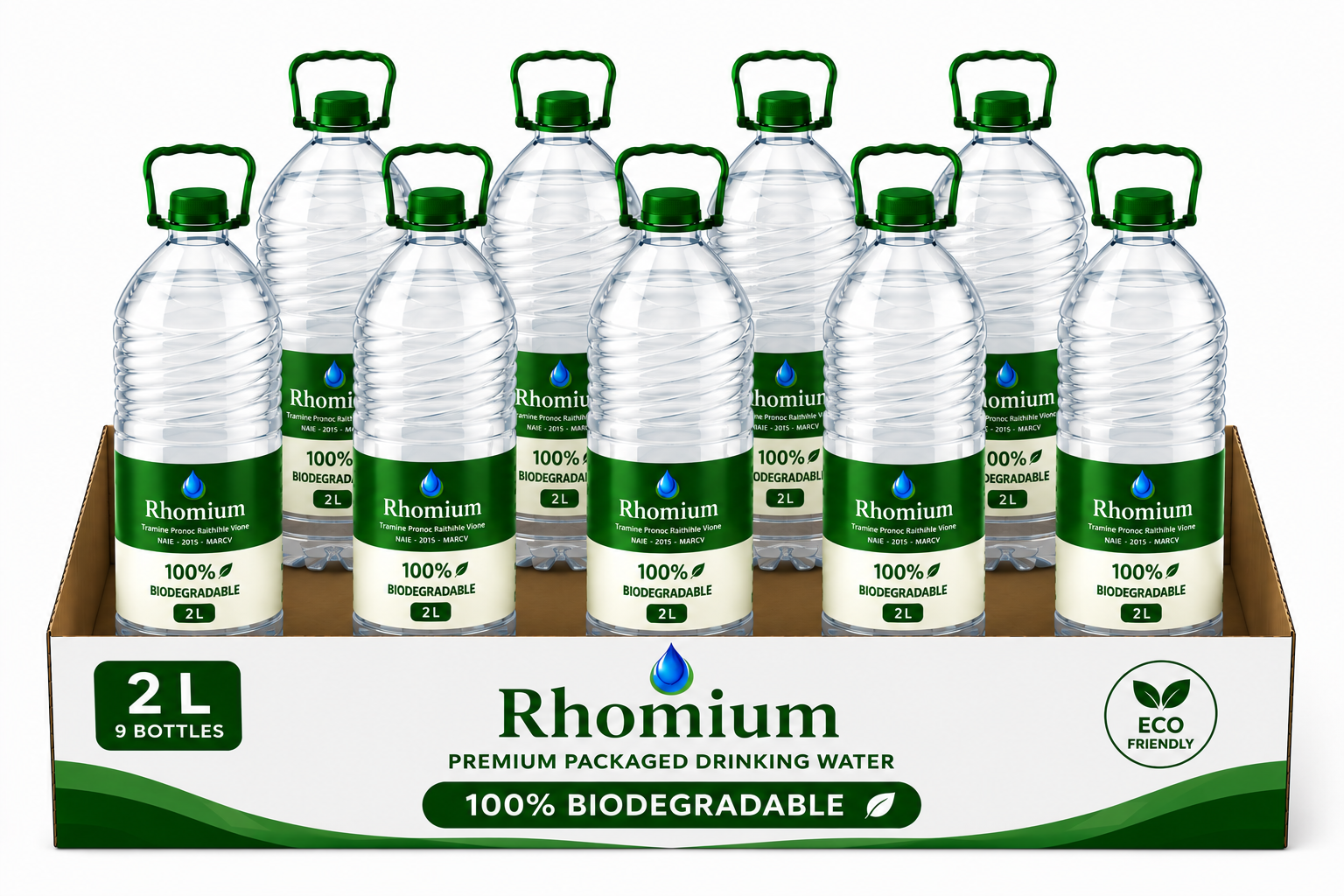Rhomium | Biodegradable Packed Drinking Water 9 bottles (1 Case) | 2 ltr