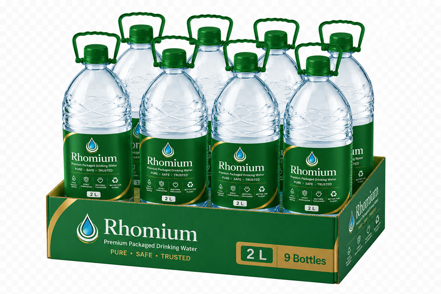 Rhomium | Packaged Drinking Water 9 bottles (1 Case) | 2 ltr